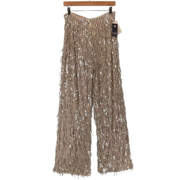 NWT GUESS Heidi Sequin Fringe Wide Leg Pants Womens SIZE MEDIUM Pearl NYE Shiny - Picture 4 of 16